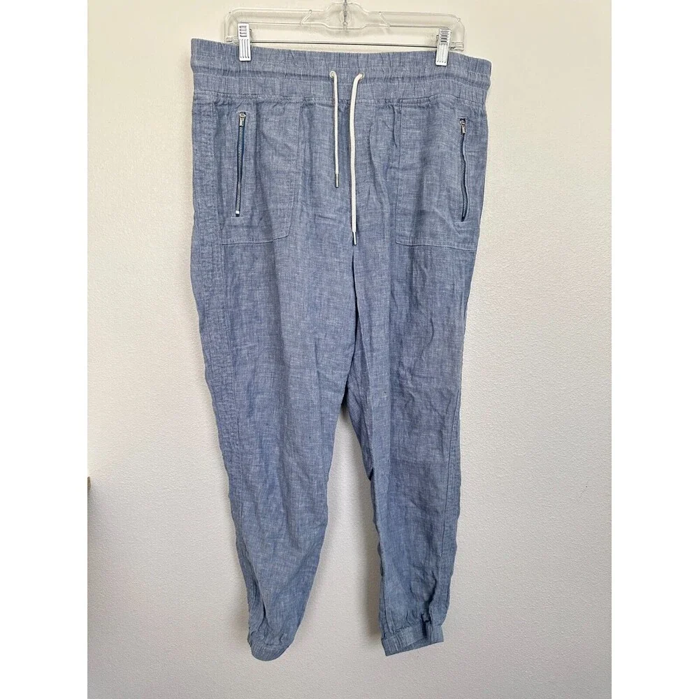 Athleta Cabo Linen Jogger Pants Tapered Drawstring Chambray Blue Women's Size 14 - Picture 1 of 8